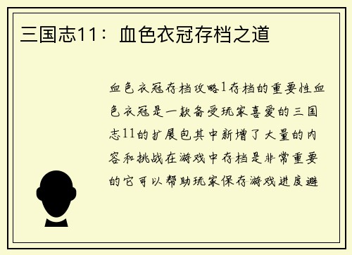 三国志11：血色衣冠存档之道