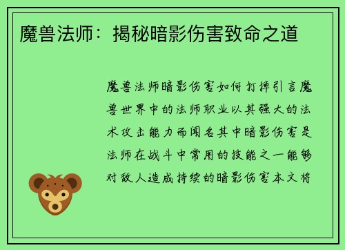 魔兽法师：揭秘暗影伤害致命之道